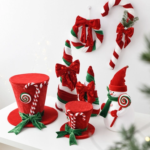 Addobbi Natalizi Pupazzo di Neve in Peluche Cappello a Cilindro in Velluto con Bastoncino di Zucchero per Festa Albero di Natale Casa Rosso Verde Bianco