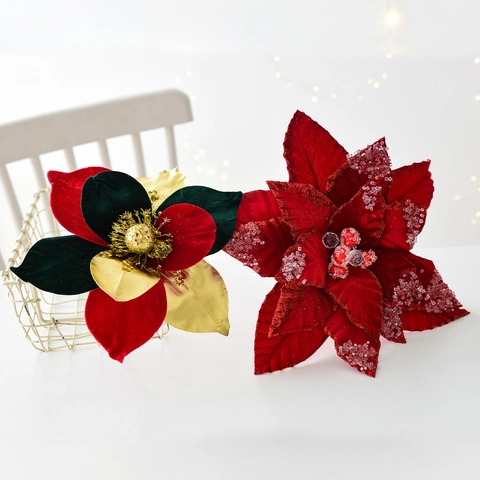 Artificial Christmas Poinsettia Flowers Velvet Glitter Floral Stems For Xmas Tree Party Wedding Home Indoor Decoration