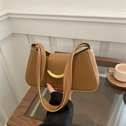 Bolso de Axila de Cuero PU Vintage para Mujer Minimalista Color Sólido Bolso de Hombro Con Hebilla Dorada Bolso de Mano de Viaje Diario Elegante