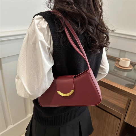 Bolso de Axila de Cuero PU Vintage para Mujer Minimalista Color Sólido Bolso de Hombro Con Hebilla Dorada Bolso de Mano de Viaje Diario Elegante