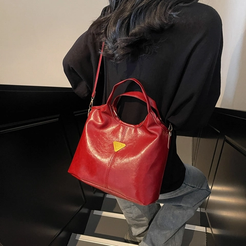 Borsa Tote A Secchiello In Pelle PU Retrò Per Donna Stile Maillard Vintage Borsa A Mano Spalla Tracolla Con Logo Triangolo