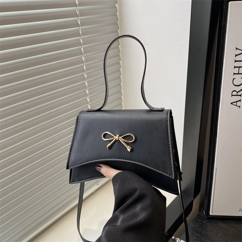 Women Fashion Bow Handbag Elegant PU Leather Small Square Crossbody Shoulder Bag With Golden Metal Buckle Versatile For Daily Use