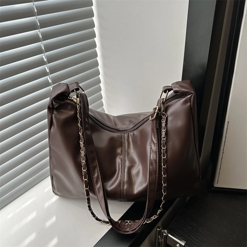 Borsa Tote da Donna Retro in Pelle PU Grande Capacità Moda Inverno Casual Borsa a Tracolla Con Catena in Metallo Borsa Hobo