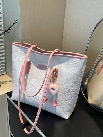 Grand Sac Cabas Femme en Cuir PU Gaufré Avec Pendentif Monstre en Peluche Motif Cœur Dessin Animé Sac à Épaule Décontracté