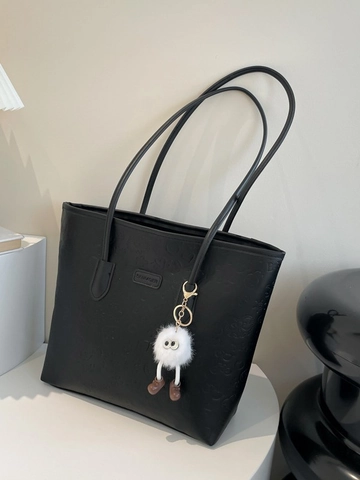 Grand Sac Cabas Femme en Cuir PU Gaufré Avec Pendentif Monstre en Peluche Motif Cœur Dessin Animé Sac à Épaule Décontracté