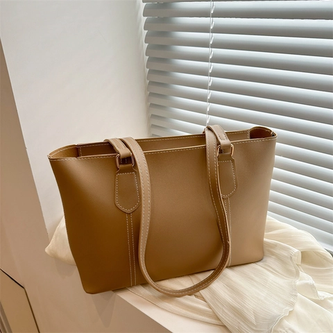 Damen Kontrastnaht PU Leder Einkaufstasche Große Kapazität Urban Casual Schultertasche Mode Pendler Handtasche