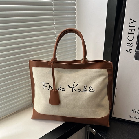 Borsa Tote Grande Capacità Tela E Pelle PU Patchwork Design Artistico Borsa A Mano Per Donne Quotidiano Stile Retrò