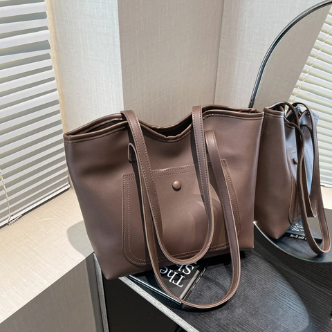 Bolso Tote de Cuero PU Minimalista para Mujer Gran Capacidad Bolso de Hombro Vintage Color Sólido Con Bolsillo Frontal