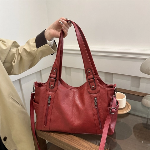 Grand Sac Fourre-Tout Vintage Pour Femmes En Cuir PU À Texture Litchi Sac À Bandoulière Multi-Poches Pour Le Quotidien