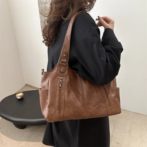 Grand Sac Fourre-Tout Vintage Pour Femmes En Cuir PU À Texture Litchi Sac À Bandoulière Multi-Poches Pour Le Quotidien