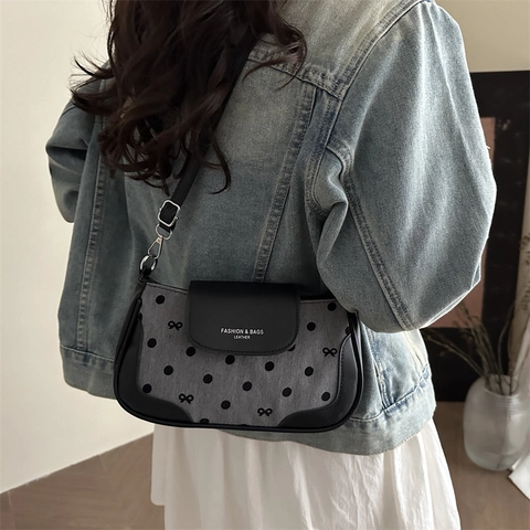 Borsa a Spalla da Donna Alla Moda con Pois e Fiocco Grande Capacità in Pelle PU e Tessuto Sotto l'Ascella per Pendolarismo