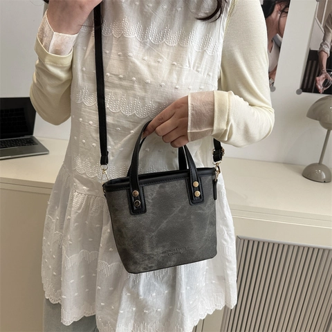 Women's Retro Canvas Leather Patchwork Bucket Bag Fashion Crossbody Shoulder Handbag With Dog Charm Small Tote Bag For Daily