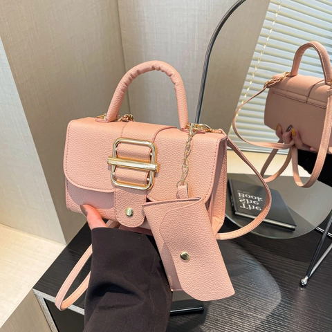 Women Vintage PU Leather Litchi Pattern Crossbody Bag And Mini Coin Purse Gold Metal Buckle Square Shoulder Handbag