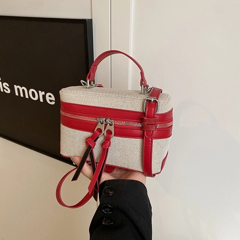 Borsa a Tracolla da Donna in Tela Vintage con Splicing in Pelle PU Piccola Borsa a Scatola Quadrata alla Moda con Tira Cerniera a Nappa Lunga