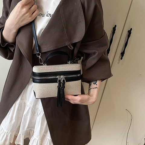 Borsa a Tracolla da Donna in Tela Vintage con Splicing in Pelle PU Piccola Borsa a Scatola Quadrata alla Moda con Tira Cerniera a Nappa Lunga