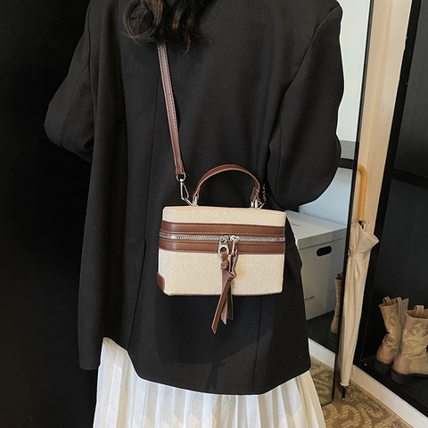 Sac Bandoulière Mode Femme Toile PU Surpiqûres Simple Petit Sac Carré Avec Fermeture Éclair à Franges Sac à Épaule Casual