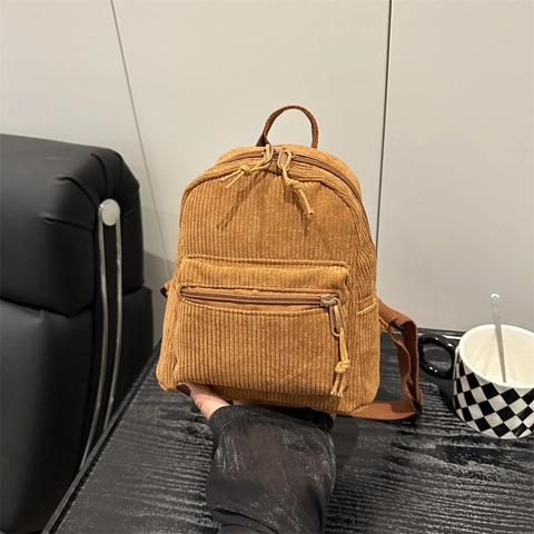 Women Corduroy Mini Backpack Retro Small School Bag Solid Color Ribbed Casual Daypack For Travel Daily Casual Streetwear Bag