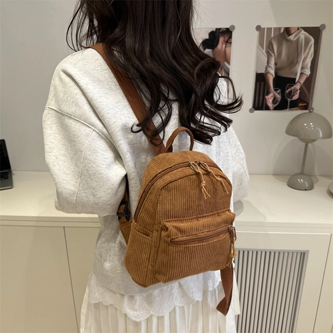 Women Corduroy Mini Backpack Retro Small School Bag Solid Color Ribbed Casual Daypack For Travel Daily Casual Streetwear Bag