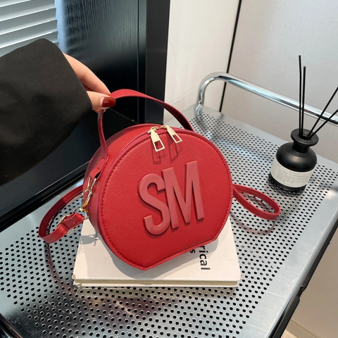 Bolso Bandolera Redondo de Cuero PU a la Moda Con Diseño de Letras en Relieve Bolso de Mano Circular Pequeño Cremallera Dorada Bolso de Hombro para Mujer Tendencia Callejera