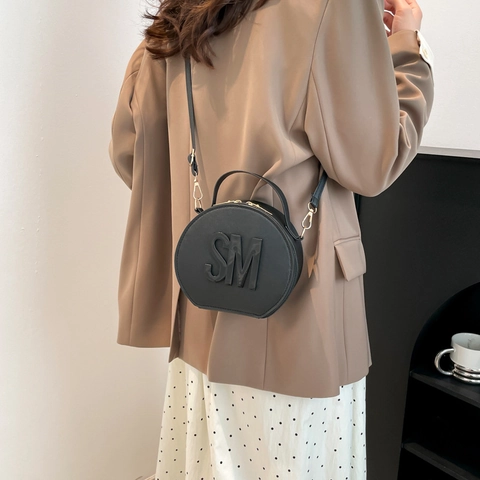 Damen Mode Runde Umhängetasche PU Leder Kreisförmige Handtasche Mit Buchstaben Prägung Design Verstellbarer Schultergurt Alltagstasche