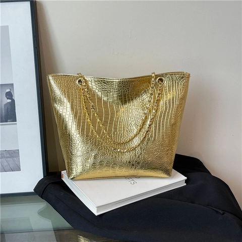 Dames Mode Krokodillenpatroon Glanzend PU Lederen Tote Bag Met Gouden Metalen Ketting Strap Grote Capaciteit Schoudertas Luxe