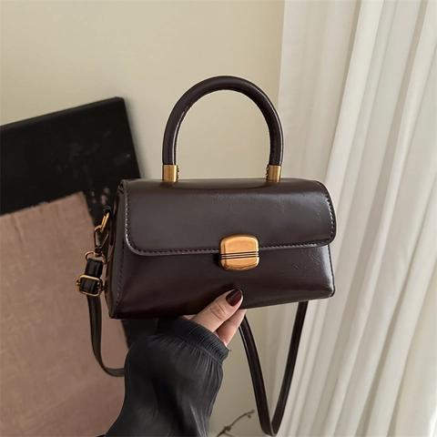 Retro PU Leather Crossbody Bag For Women With Metal Lock And Top Handle Elegant Minimalist Solid Color Shoulder Handbag