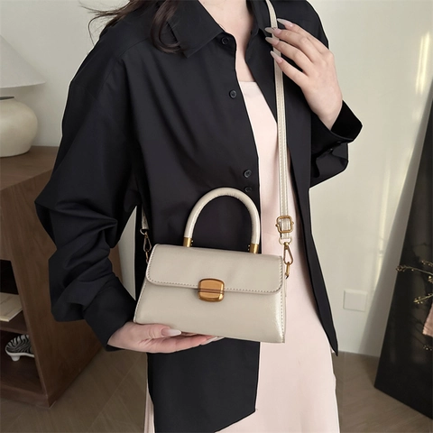 Retro PU Leather Crossbody Bag For Women With Metal Lock And Top Handle Elegant Minimalist Solid Color Shoulder Handbag