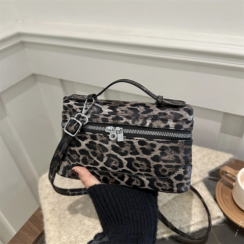 Leopardenmuster Umhängetasche Damen Kleine Quadratische Handtasche PU Leder Vintage Urban Verstellbarer Riemen