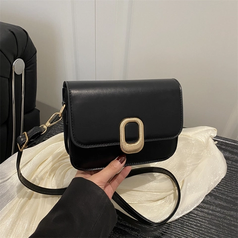 Borsa a Tracolla Piccola Quadrata in Pelle PU Minimalista per Donna Fibbia in Metallo Dorato Tracolla Regolabile Borsa a Spalla