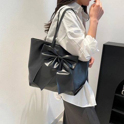 Borsa Tote da Donna di Grande Capacità con Fiocco in Pelle PU Borsa a Spalla Casual Pendolare Elegante Decorazione a Fiocco