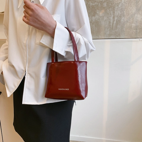 Sac à Main Femme en Similicuir Verni Minimaliste PU Brillant Mini Tote Bag Design Uni Poignée Mode Quotidien