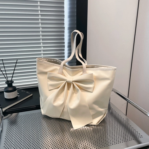 Bolso Tote de Cuero PU Gran Capacidad Con Decoración de Lazo Moda Color Sólido Bolso de Hombro Para Mujer Diario Trabajo