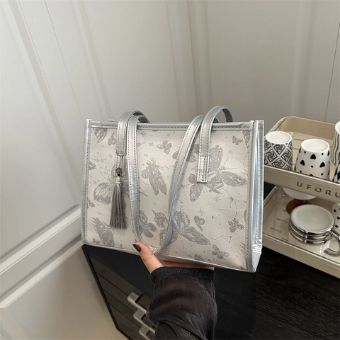 Schmetterlingsdruck Damen Einkaufstasche Große Kapazität PU Leder Schultertasche Mit Quaste Urban Einfache Lässige Pendeltasche