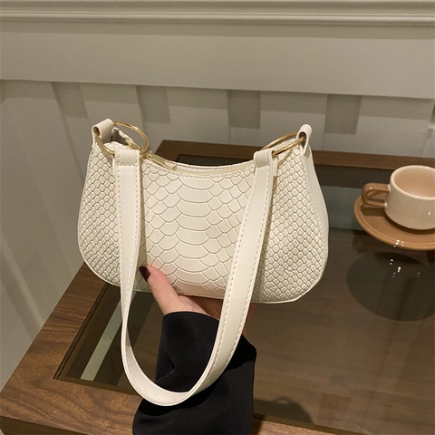 Bolso Bajo El Brazo Vintage Francés Patrón Cocodrilo Mujer Cuero PU Color Sólido Baguette Hombro Con Anillos Metálicos Oro