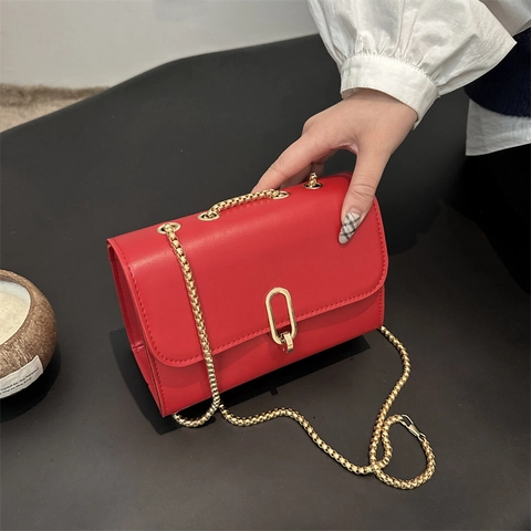 Bolso Bandolera Pequeño Cuadrado de Cuero PU para Mujer Color Sólido Con Hebilla de Metal Dorado y Correa de Cadena