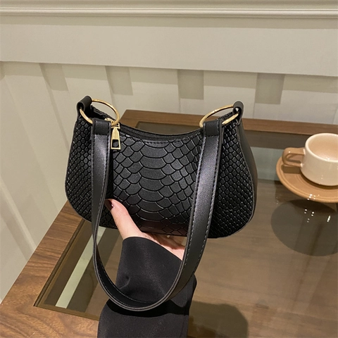 Bolso Bajo El Brazo Vintage Francés Patrón Cocodrilo Mujer Cuero PU Color Sólido Baguette Hombro Con Anillos Metálicos Oro