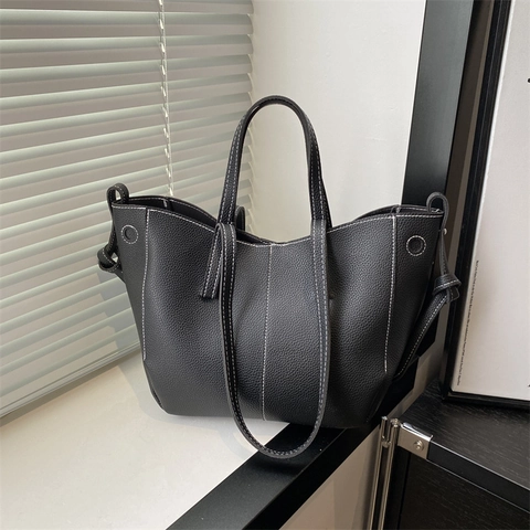 Women Litchi Pattern Tote Bag Contrast Stitching Large Capacity PU Leather Shoulder Bag Urban Commute Fashion Handbag