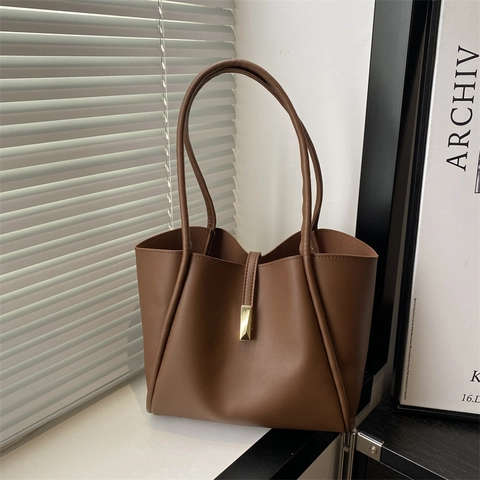Vintage Minimalist PU Leather Tote Bag High Capacity Shoulder Underarm Bag For Women Large Elegant Solid Color