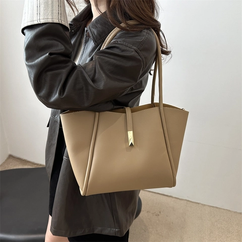 Vintage Minimalist PU Leather Tote Bag High Capacity Shoulder Underarm Bag For Women Large Elegant Solid Color