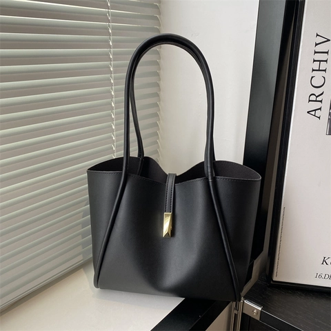Bolso Tote Cuero PU Vintage Mujer Gran Capacidad Minimalista Color Sólido Bolso Hombro Bolso Axila Hebilla Metal