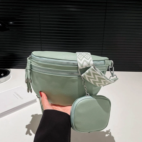 Marsupio in Pelle PU Moda Donna Borsa a Tracolla a Mezzaluna Con Tracolla Larga Geometrica e Mini Borsellino Rotondo
