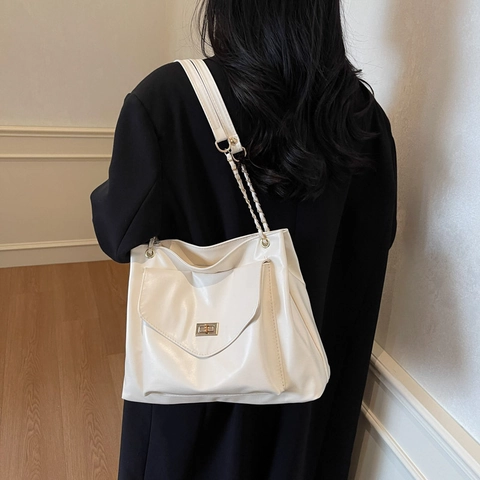 Damen Große Tragetasche Aus PU-Leder Mode Schultertasche Mit Kettenriemen Und Drehverschluss Für Arbeit Schule Alltagstasche