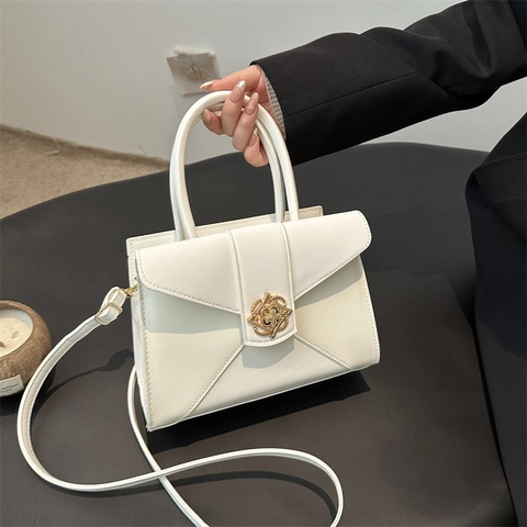Women Crossbody Bag PU Leather Envelope Flap Gold Flower Buckle Top Handle Square Shoulder Bag Urban Minimalist Elegant