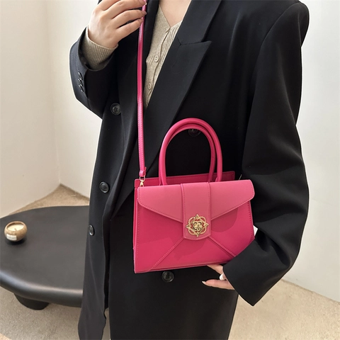 Women Crossbody Bag PU Leather Envelope Flap Gold Flower Buckle Top Handle Square Shoulder Bag Urban Minimalist Elegant