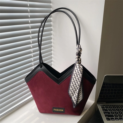 Frauen Wildleder PU Tote Tasche V-Ausschnitt Schultertasche Mit Satinnschal Große Kapazität Pendeln Mode Handtasche