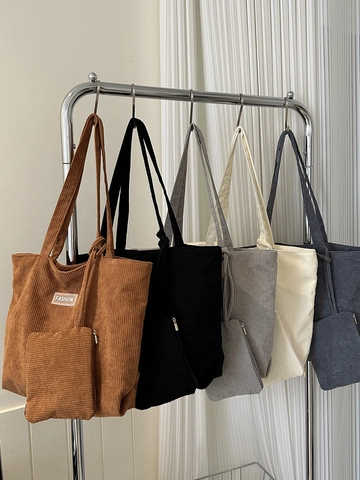 Borsa Tote da Donna in Velluto a Coste Grande Capacità Borsa a Tracolla a Righe Urban Casual Pendolare Moda Etichetta con Lettera Cerniera