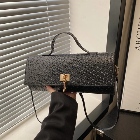 Damen Mode Gewebte Textur Umhängetasche Kunstleder Rechteckige Handtasche Mit Goldschloss Kleine Schultertasche Täglich Tasche