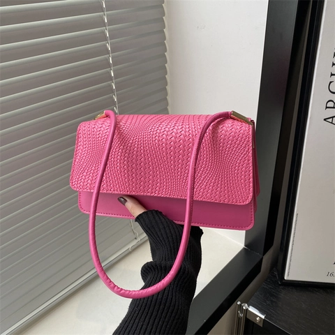 Women Fashion PU Leather Woven Texture Shoulder Bag Retro Small Square Underarm Handbag With Gold Metal Buckle Daily Bag