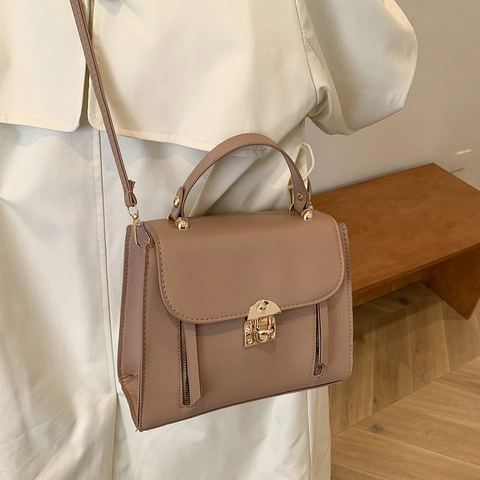 Elegante Borsa a Tracolla da Donna in Pelle PU Tinta Unita Borsa a Mano Quadrata Con Fibbia a Lucchetto d'Oro Borsa Casual
