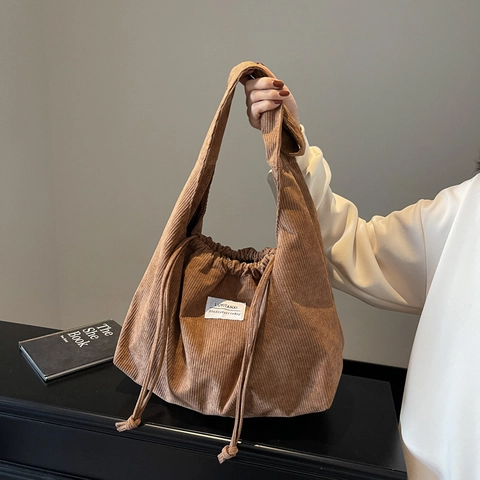 Vintage Cord Gestreift Einkaufstasche Für Damen Kordelzug Große Kapazität Schultertasche Umhängetasche Casual Handtasche